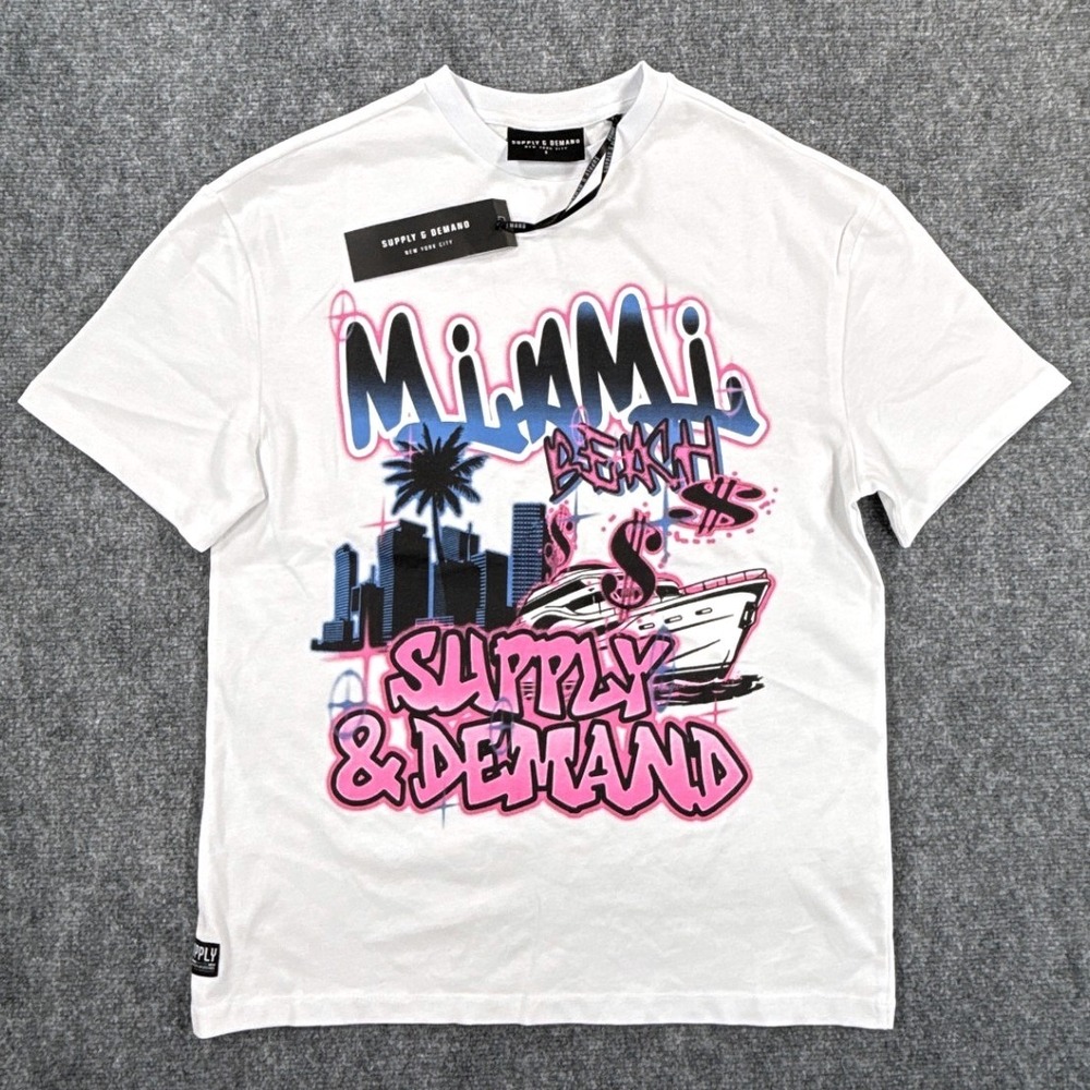 Supply & Demand Miami Beach Graphic Tee White Pink Blue SUM17363 Mens Small